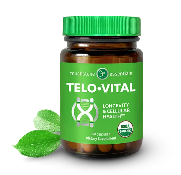 Telo-Vital bottle with garnish to the left